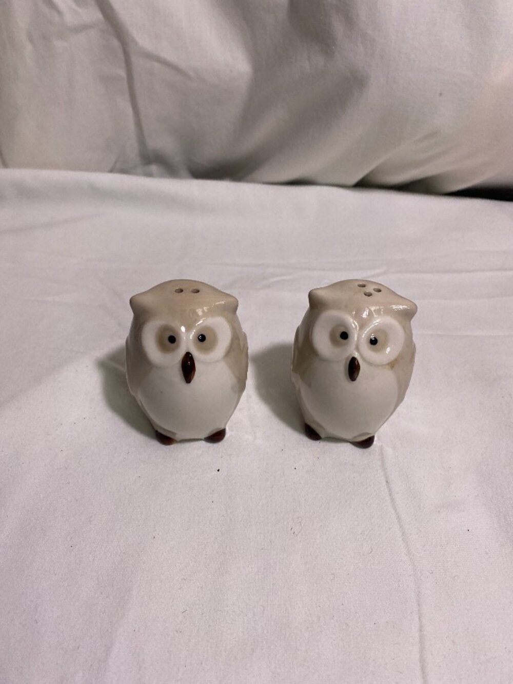 Pier 1 Imports Ceramic Owl Salt & Pepper Shakers Set Beige Brown Woodland Decor